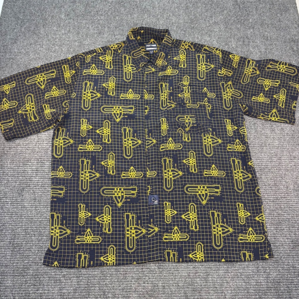 Phat Farm Mens XXL Short Sleeve Button Down Navy Yellow Blueprint Grid Print